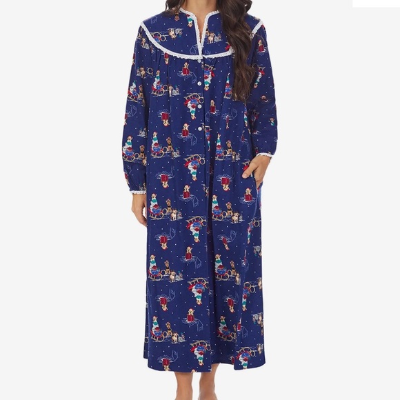 NWT Lanz of Salzburg lace long flannel cotton nightgown christmas holiday print - Picture 4 of 17